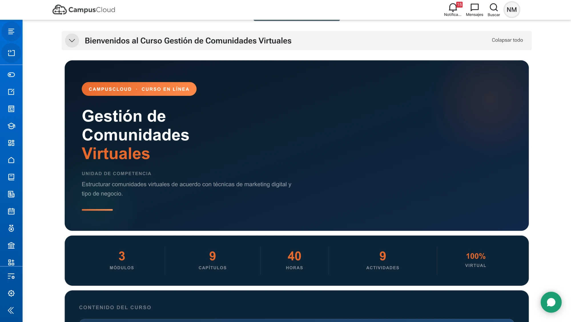 Curso real de Gestión de Comunidades Virtuales desarrollado por Cursia dentro de un campus Moodle